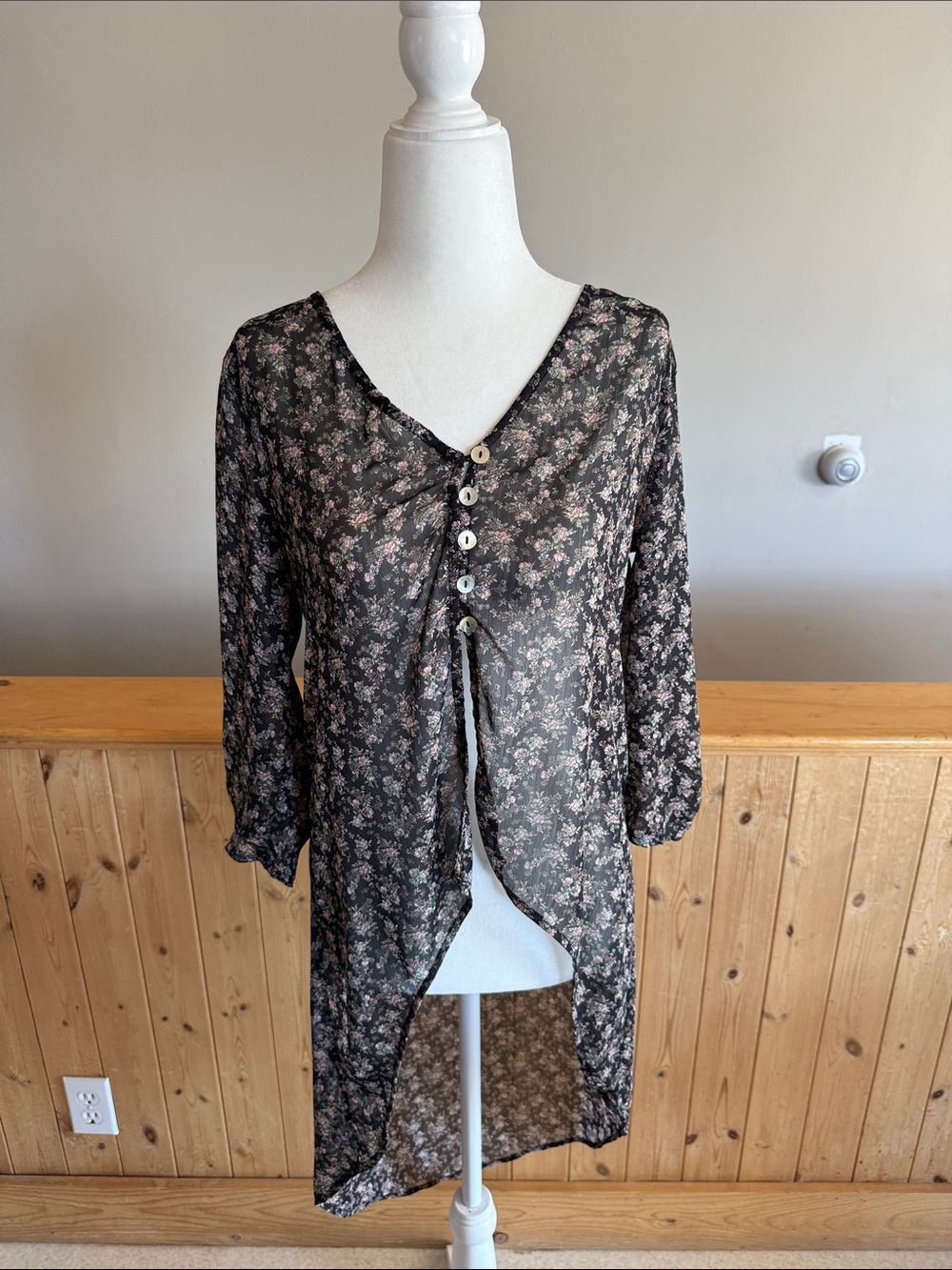 Hi-Lo Sheer Black Floral Button-Front Duster